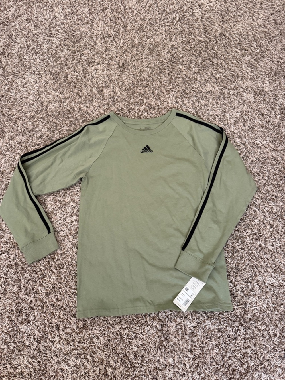adidas Olive Green Long-Sleeve Tee with Black Stripes